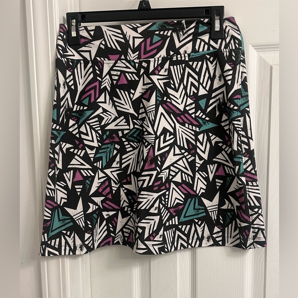 Patagonia Black Geometric Print A-Line Skirt with Teal and Purple Accents